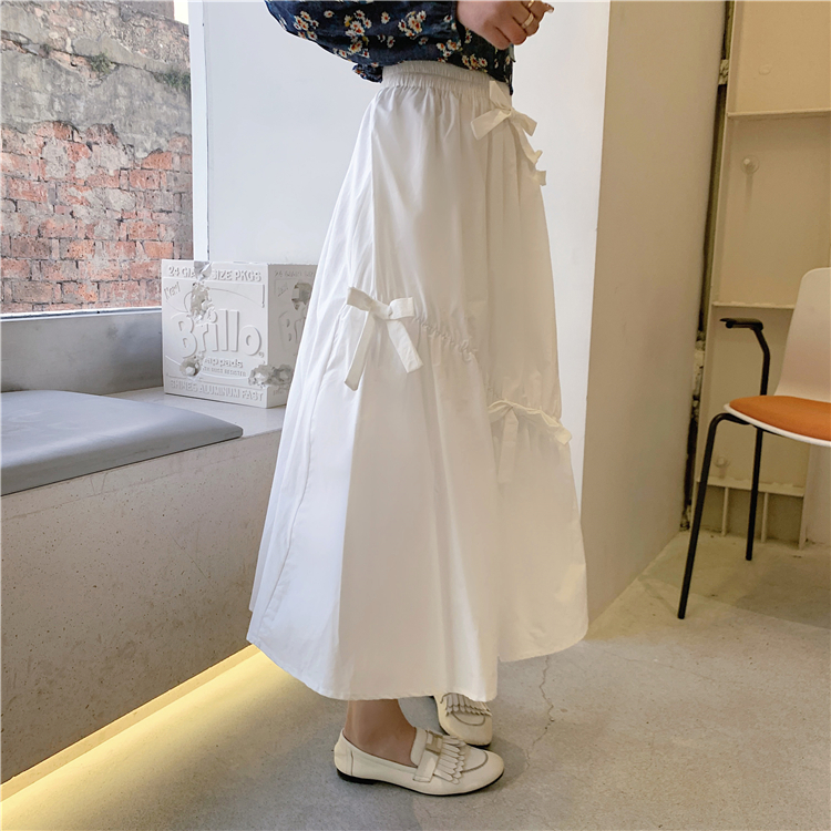 Bow slim high waist long big skirt white spring skirt