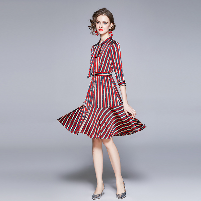 Spring bow stripe real silk silk dress for women