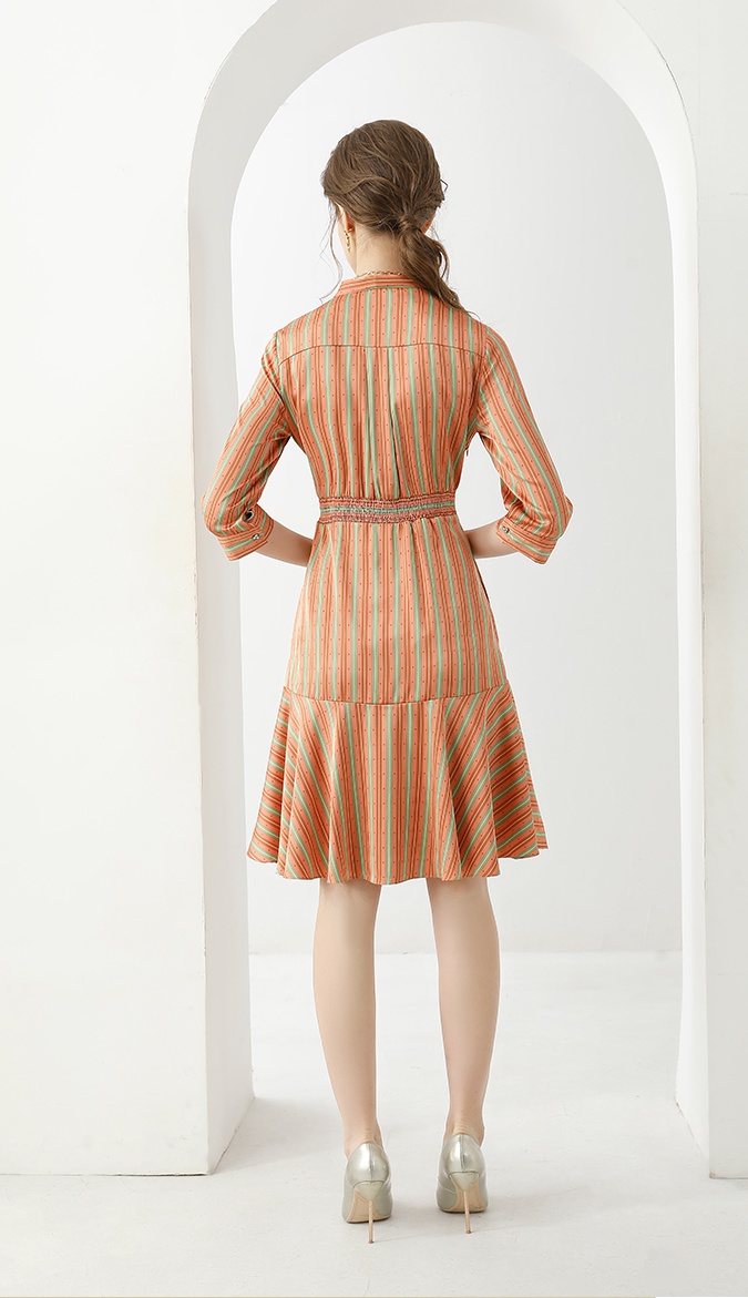 Spring bow stripe real silk silk dress for women