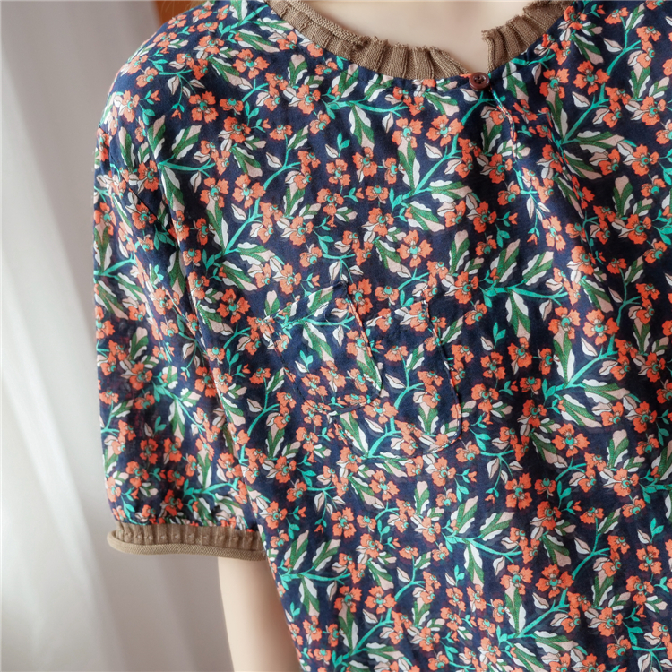 Floral light retro T-shirt splice printing tops for women