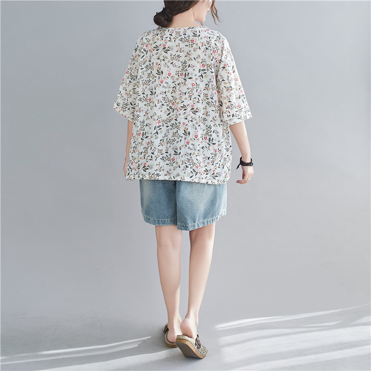 Cotton linen V-neck T-shirt large yard tops for women