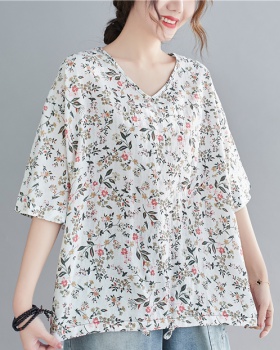 Cotton linen V-neck T-shirt large yard tops for women