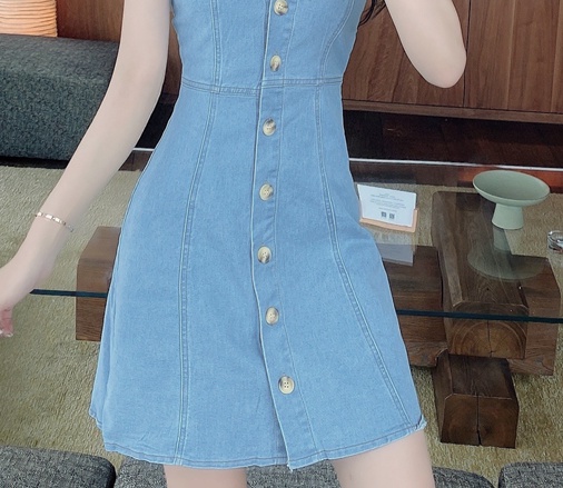 Denim sexy strap dress single-breasted dress