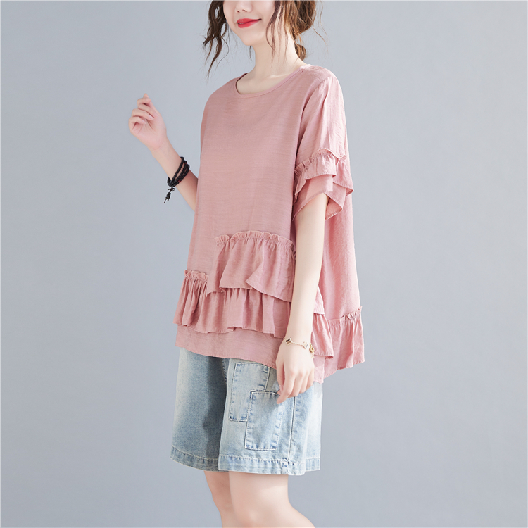 Lotus sleeve fat pure T-shirt summer loose tops for women