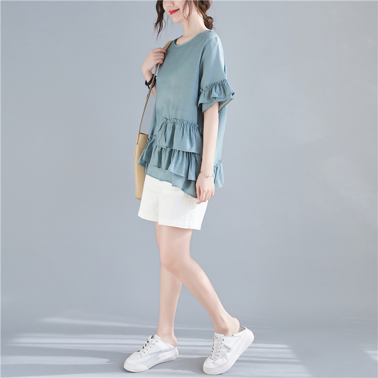 Lotus sleeve fat pure T-shirt summer loose tops for women