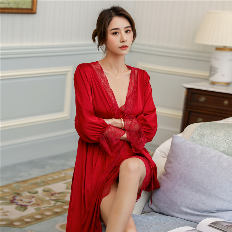 Lace small chest nightgown sexy pajamas 2pcs set for women