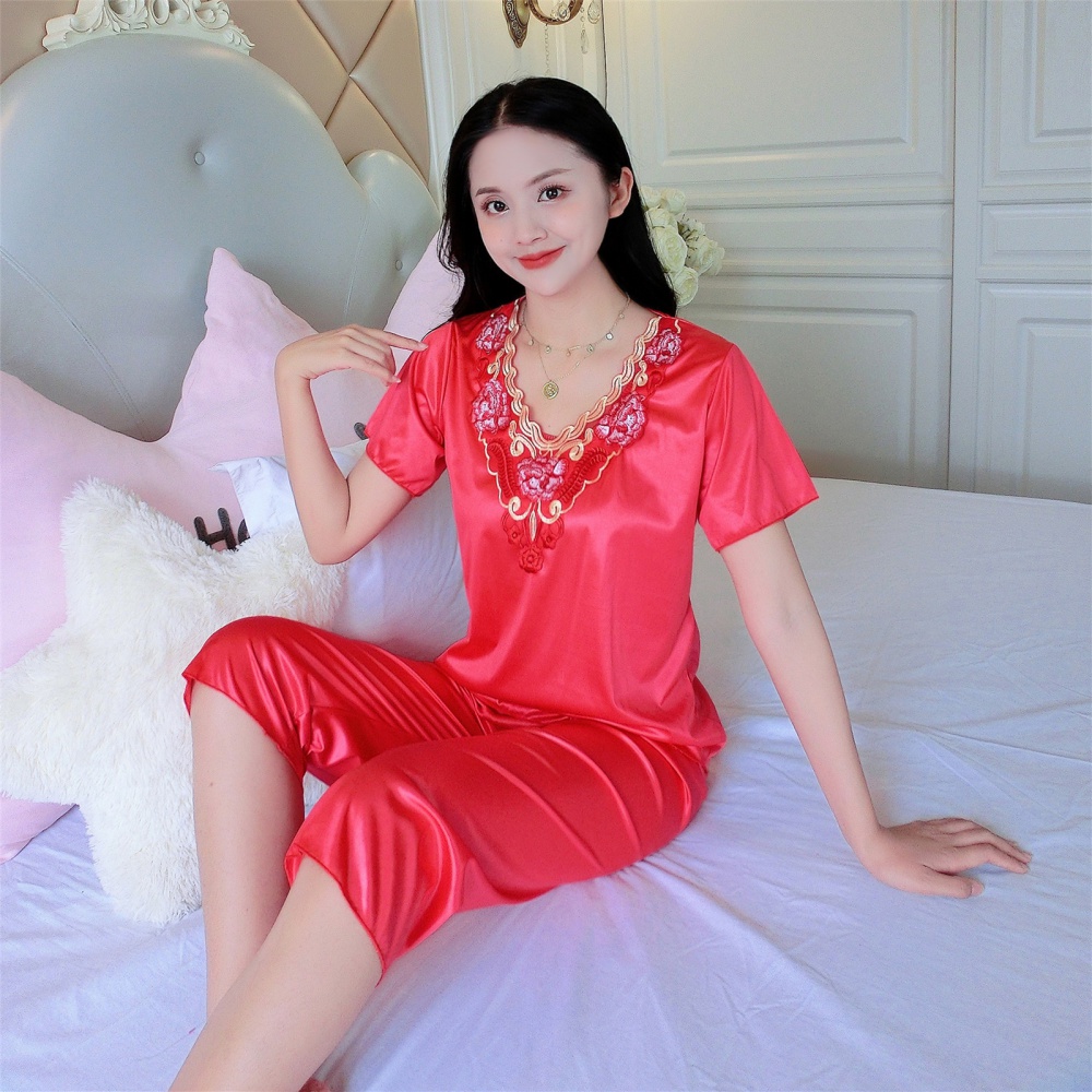 Ice silk V-neck cropped pants lace pajamas 2pcs set