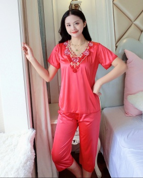 Ice silk V-neck cropped pants lace pajamas 2pcs set