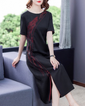Embroidered real silk slit dress jacquard summer cheongsam