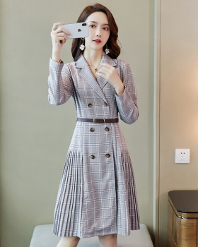 Plaid long sleeve business suit pinched waist dress for women