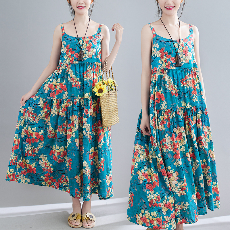 Printing cotton linen strap dress summer jumpsuit for women