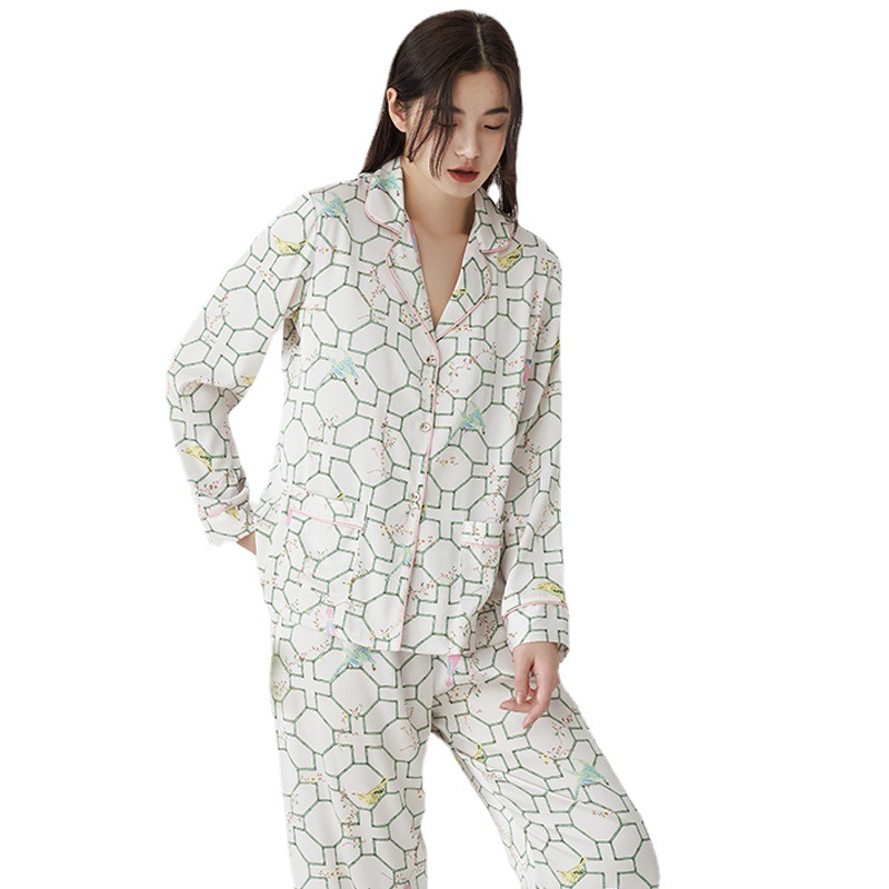 Spring and summer long pants silk pajamas 2pcs set for women