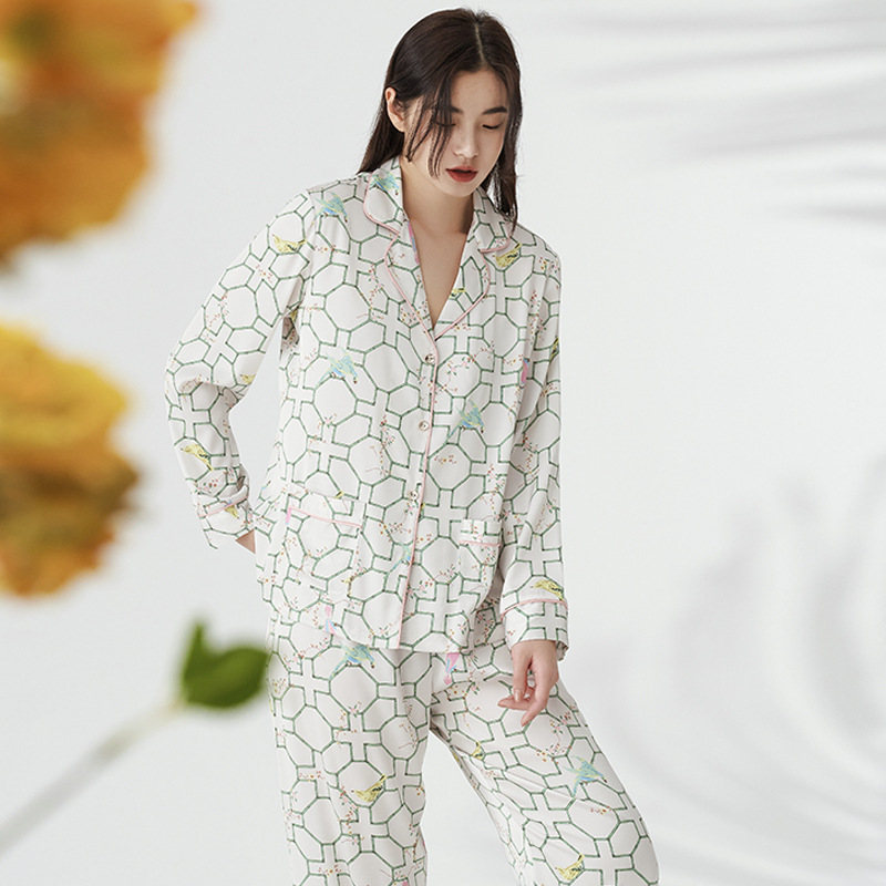 Spring and summer long pants silk pajamas 2pcs set for women