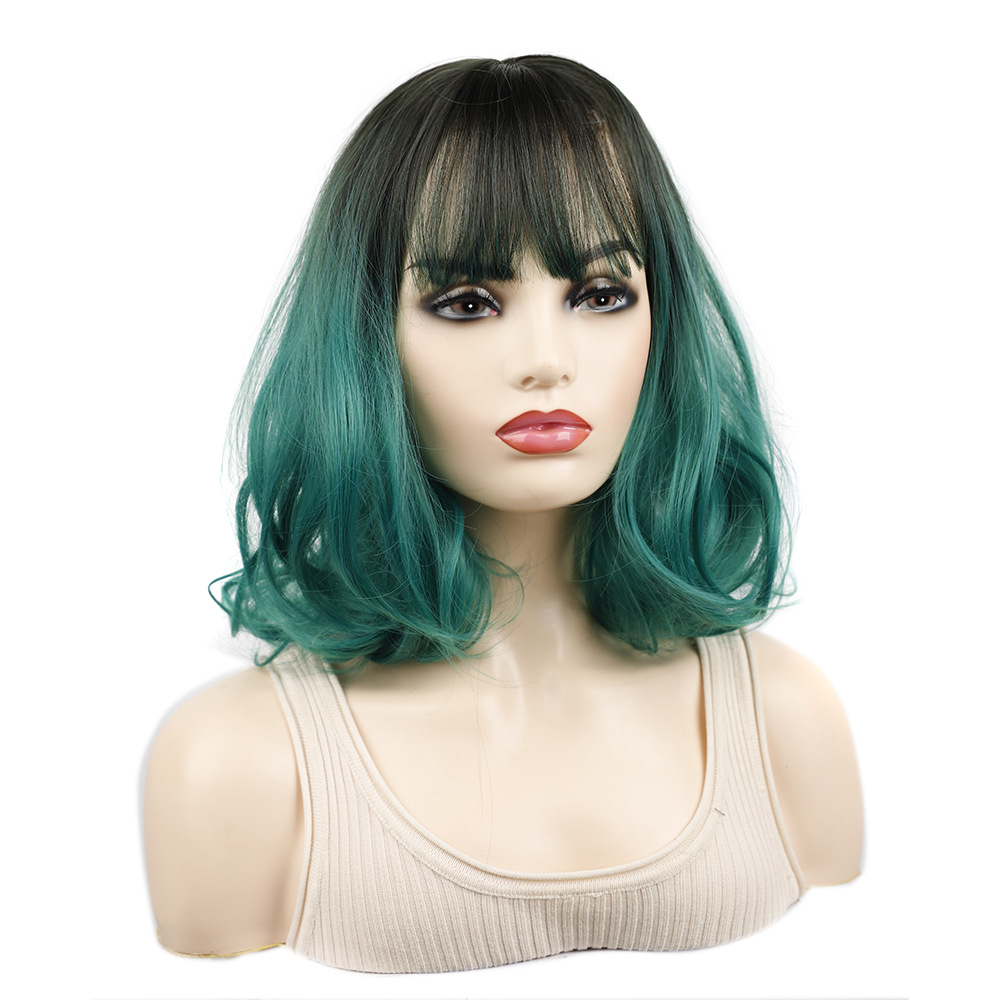 Gradient short black headgear colors dark-green wig for women