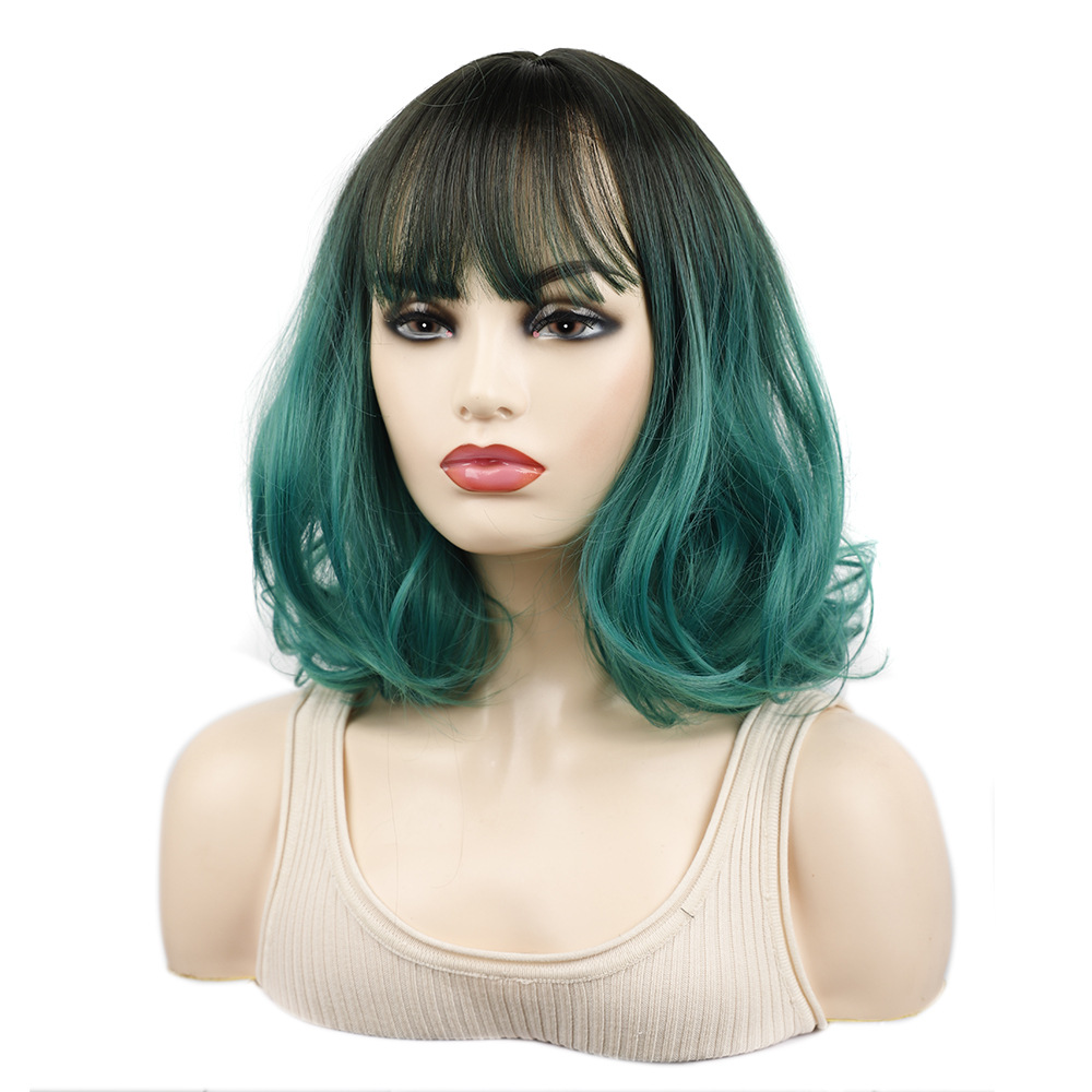 Gradient short black headgear colors dark-green wig for women