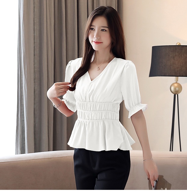 Pure retro shirt all-match pinched waist tops for women