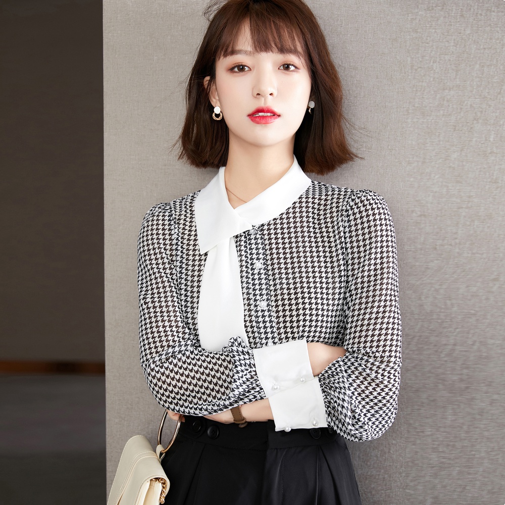 Spring Cover belly chiffon France style houndstooth shirt