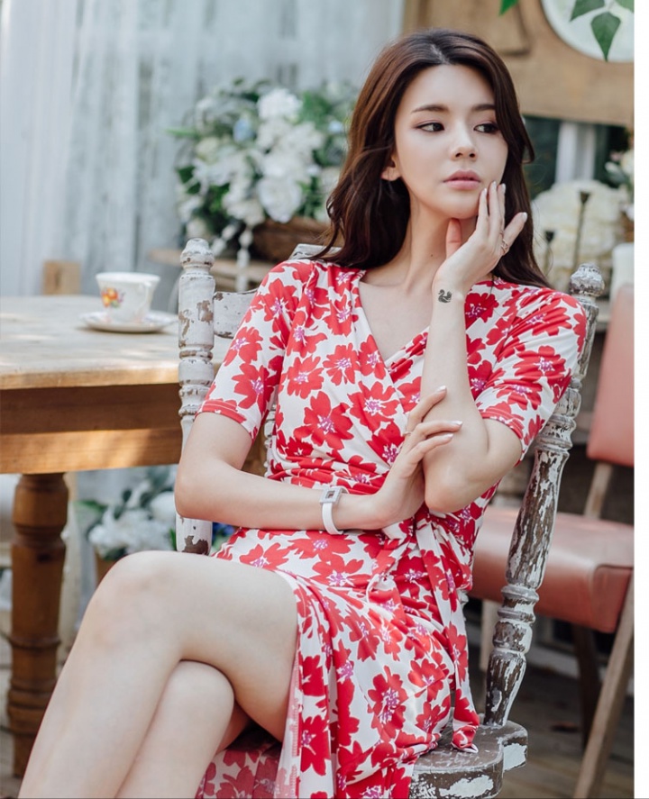 Korean style vacation printing fashion slim dress