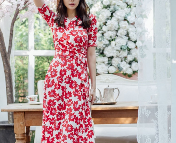 Korean style vacation printing fashion slim dress