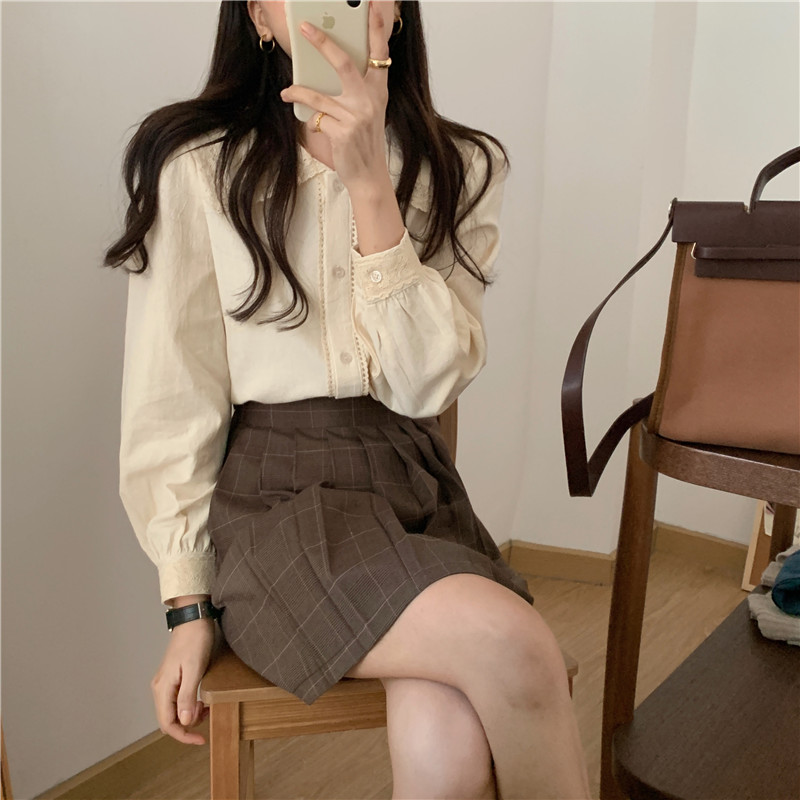 France style retro Korean style splice cotton linen shirt