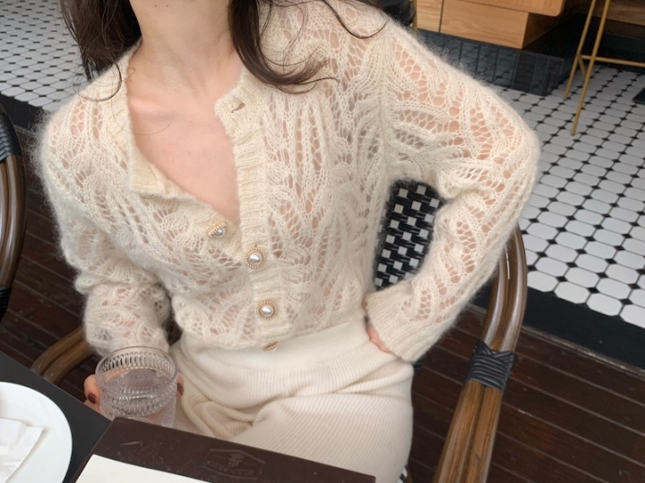 Thin mohair hollow cardigan knitted white tops for women