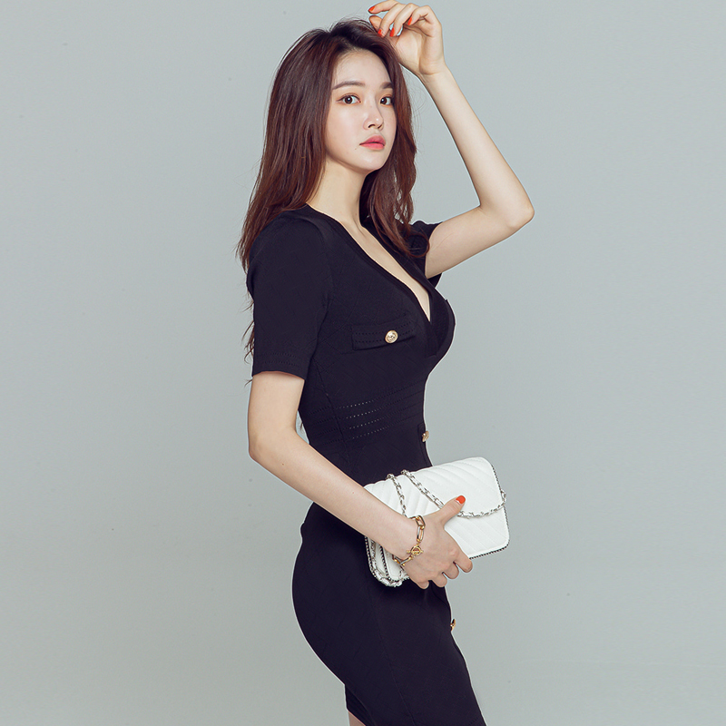 Package hip knitted knitwear pinched waist slim dress