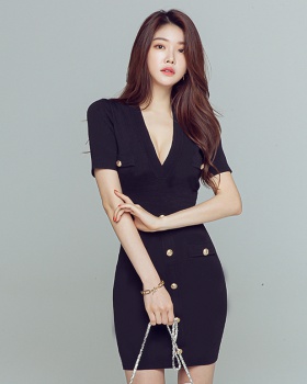 Package hip knitted knitwear pinched waist slim dress