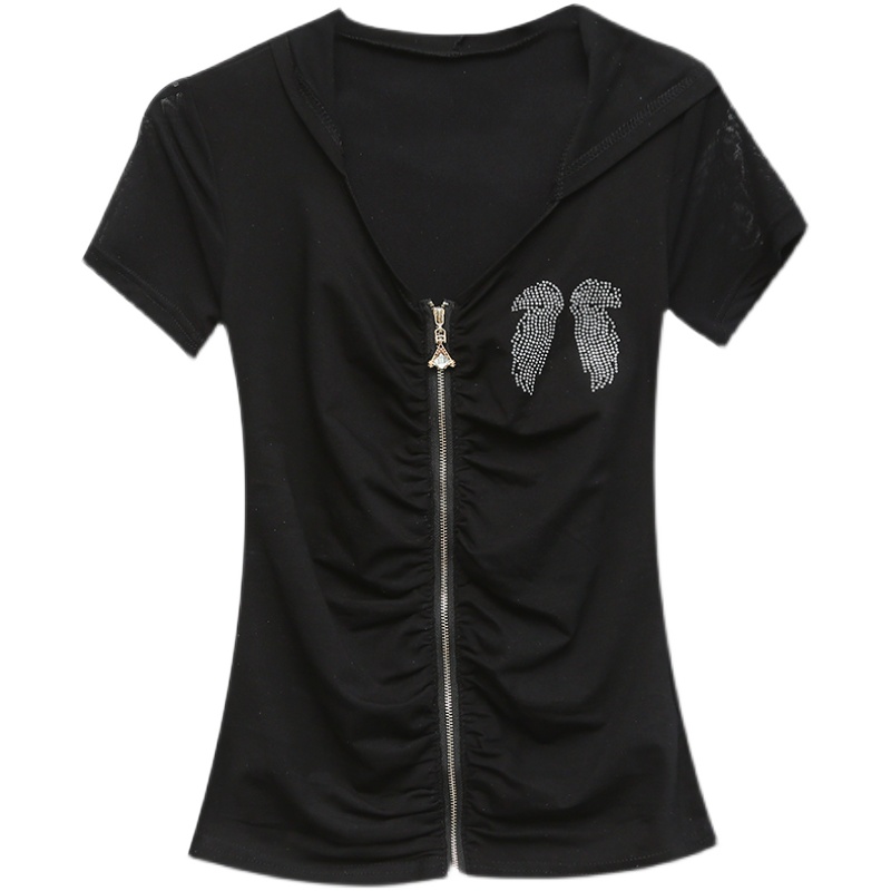 Rhinestone all-match zip tops hooded gauze T-shirt