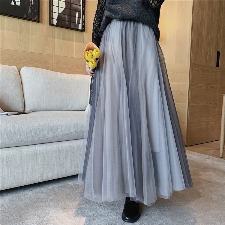 Pleated double color long spring and summer gauze big skirt skirt