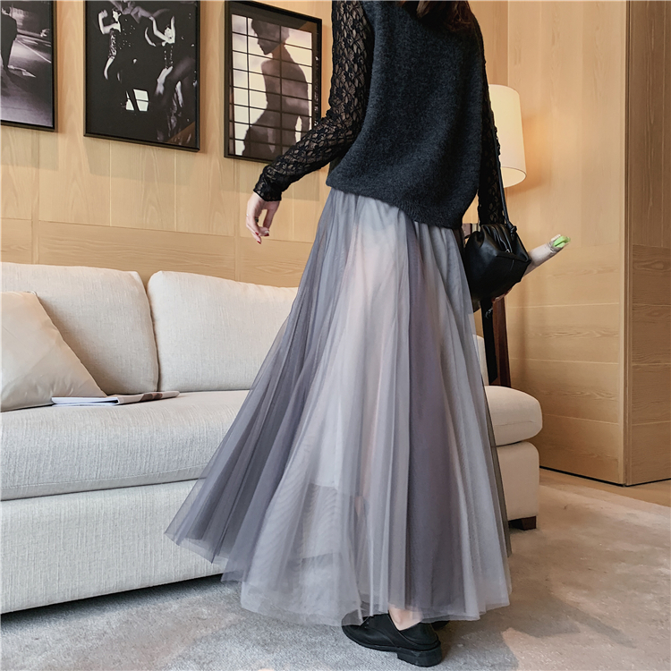 Pleated double color long spring and summer gauze big skirt skirt
