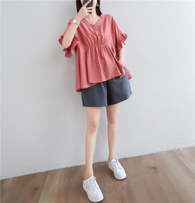 Cotton linen loose shirt summer short sleeve tops for women