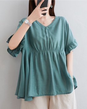 Cotton linen loose shirt summer short sleeve tops for women