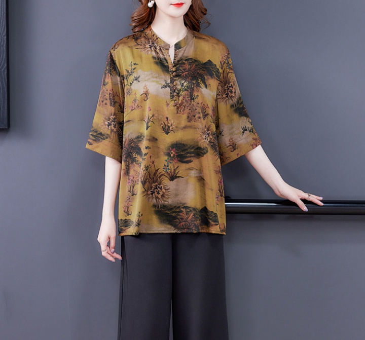 Summer retro silk tops short sleeve loose bottoming shirt