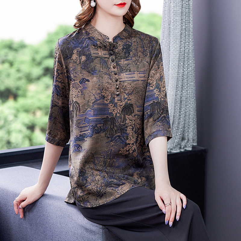 Short sleeve retro shirt real silk silk tops for women