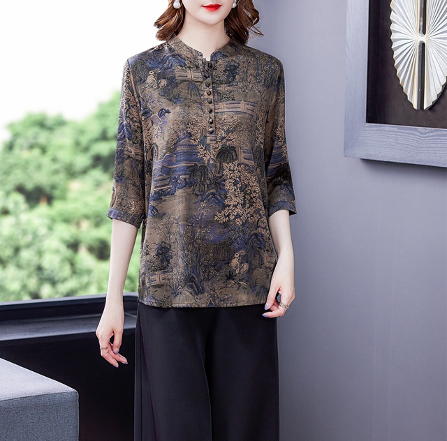 Short sleeve retro shirt real silk silk tops for women