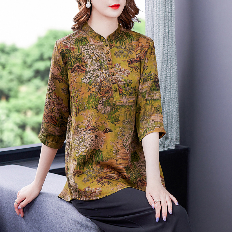 Short sleeve retro shirt real silk silk tops for women