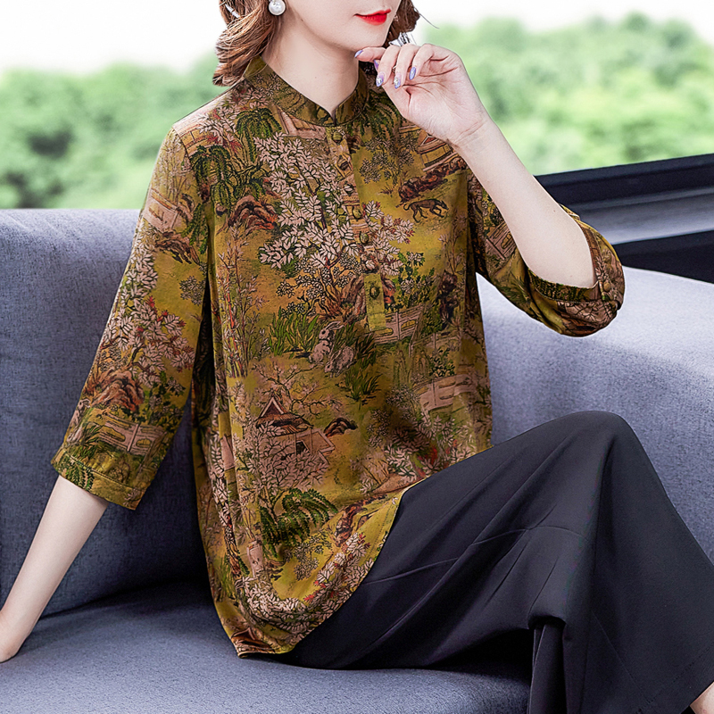 Short sleeve retro shirt real silk silk tops for women