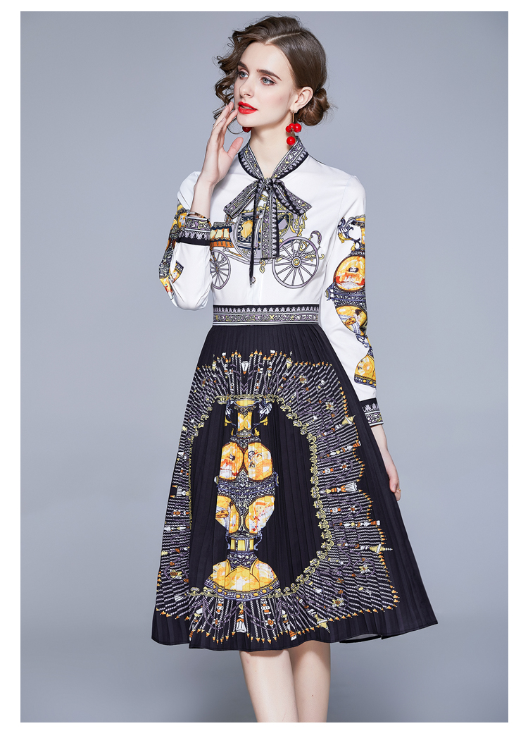 Pleated printing fashion slim European style dress
