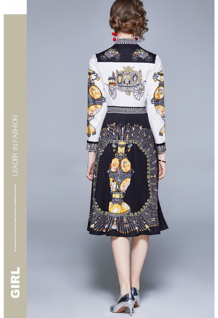 Pleated printing fashion slim European style dress