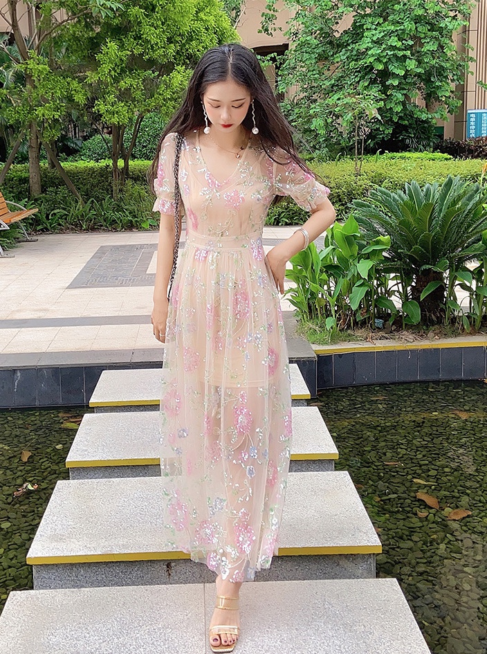 Pinched waist lace dress colors pink long dress for women