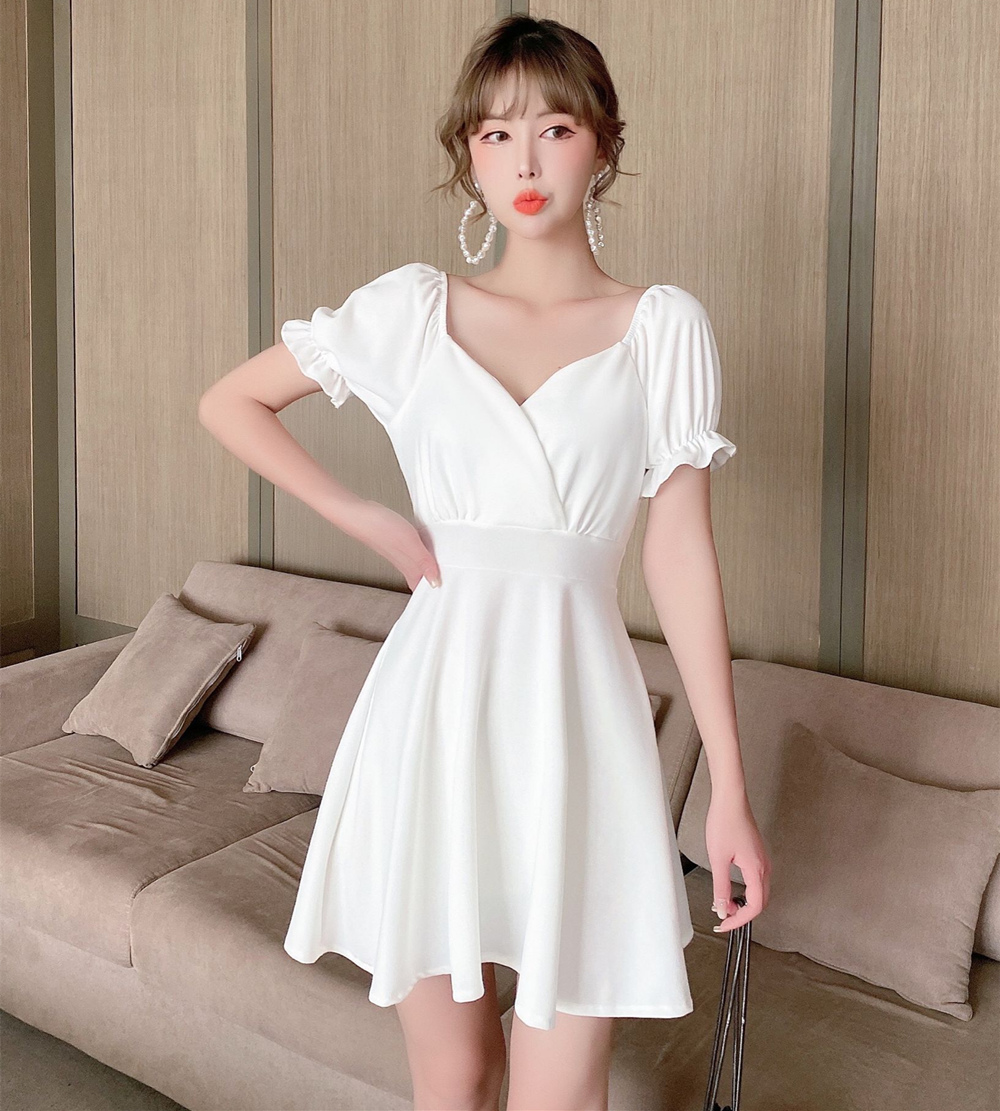 France style tender puff sleeve square collar dress