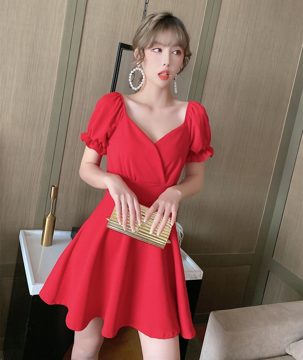 France style tender puff sleeve square collar dress