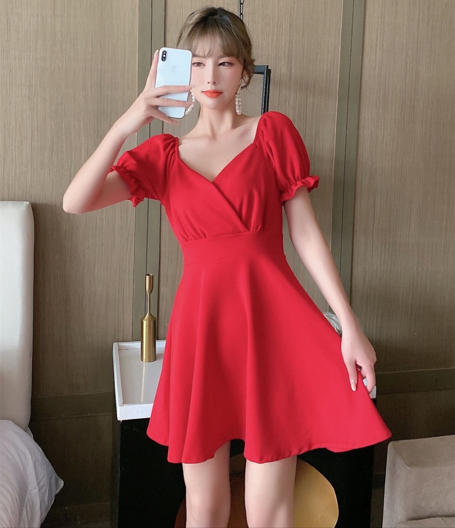 France style tender puff sleeve square collar dress