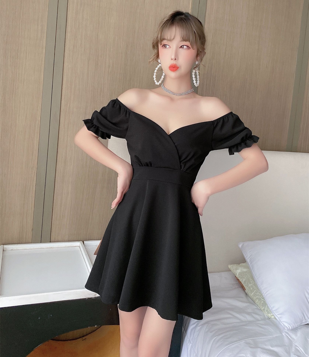 France style tender puff sleeve square collar dress