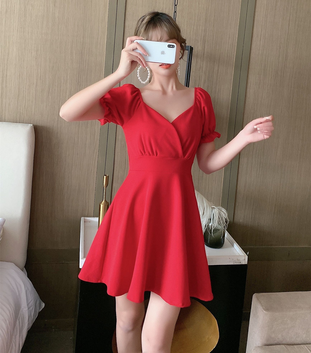 France style tender puff sleeve square collar dress