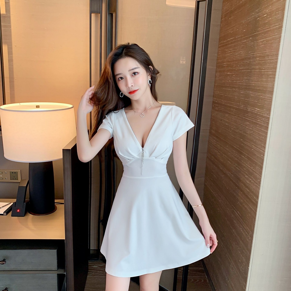 Big skirt low-cut zip decoration short sleeve nightclub dress