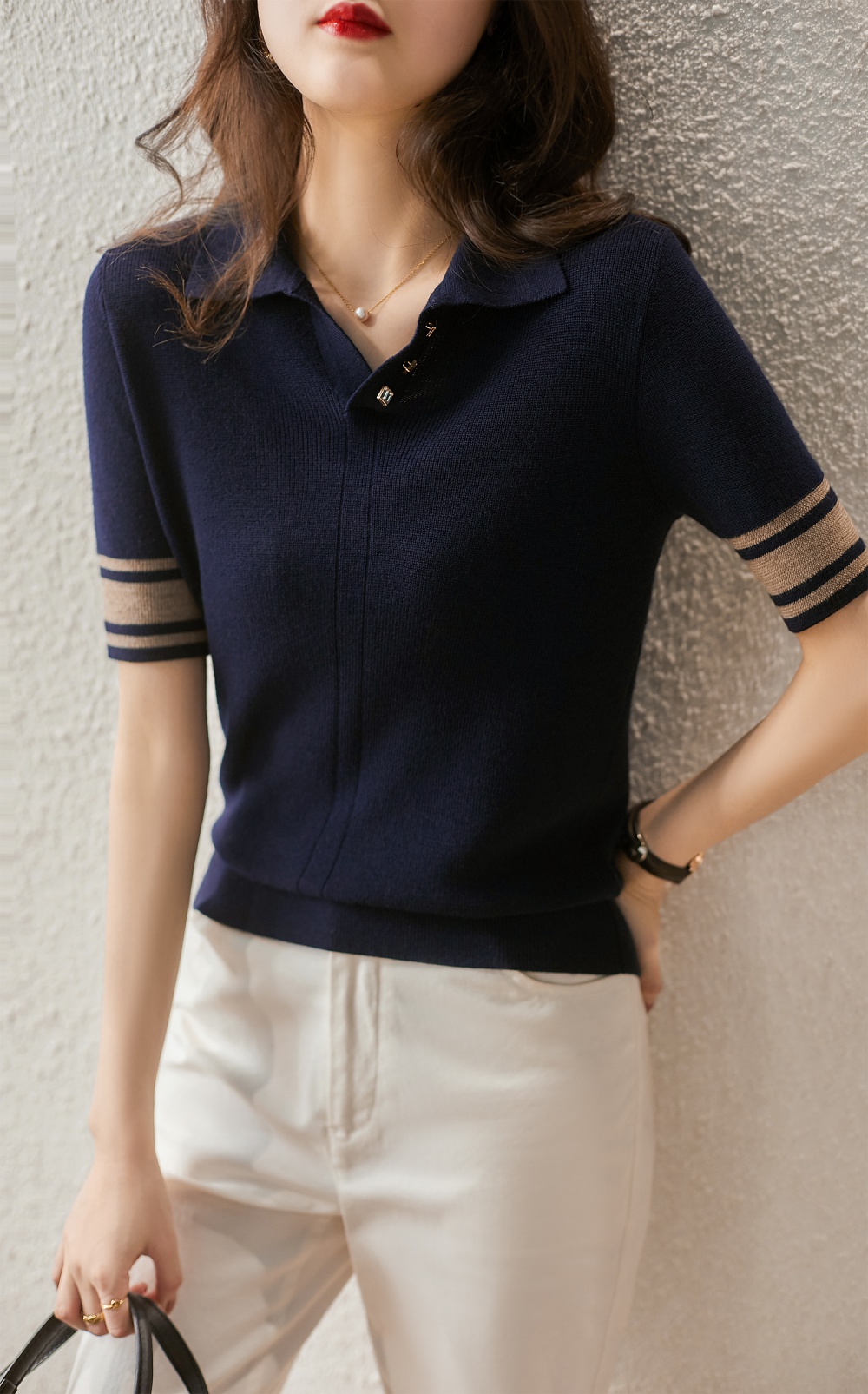 Ice silk summer bottoming shirt lapel knitted tops