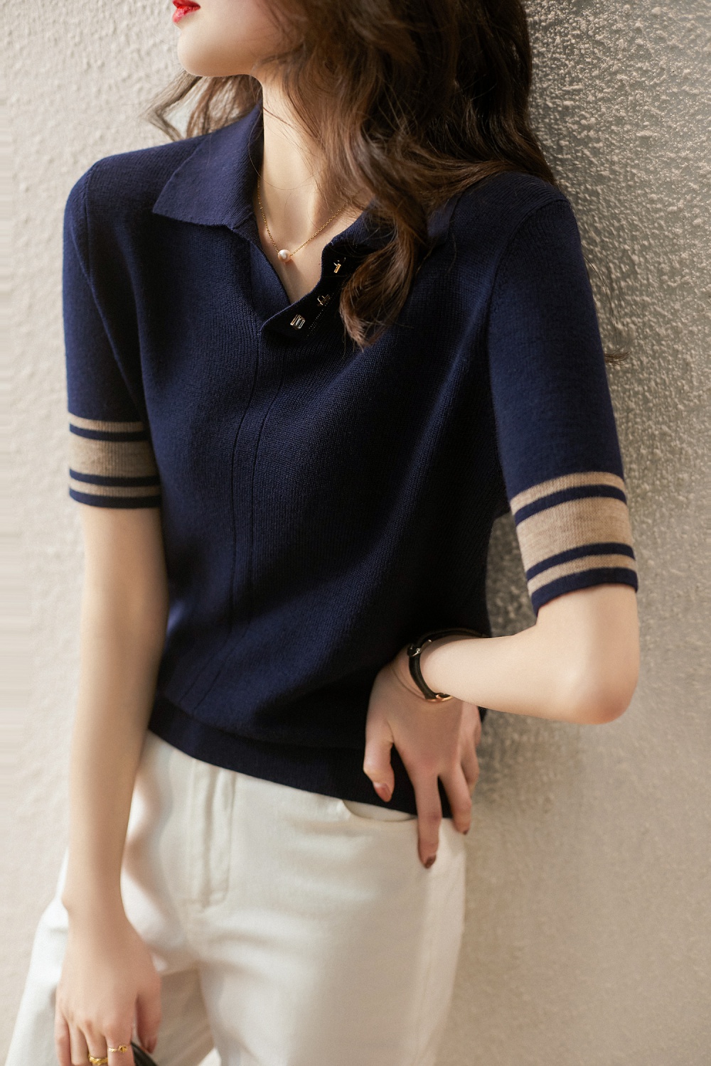 Ice silk summer bottoming shirt lapel knitted tops