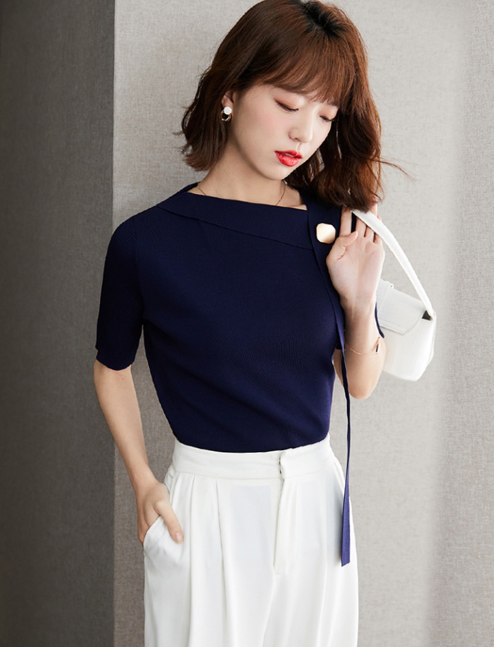 Temperament navy-blue simple knitted short sleeve summer tops