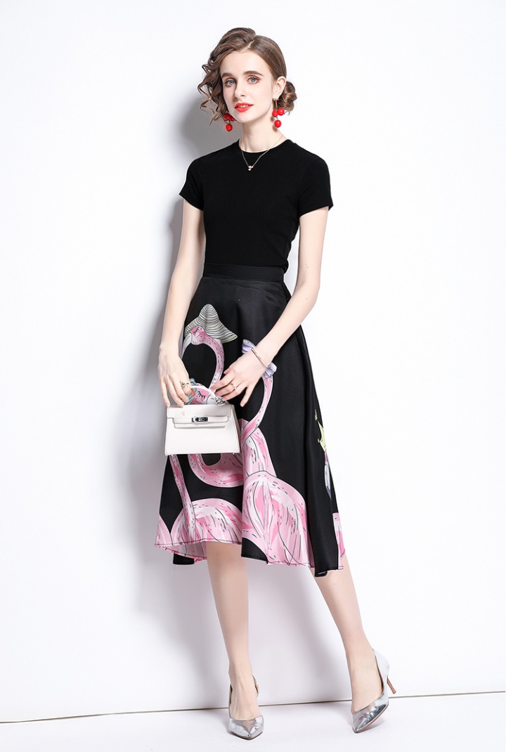 Slim fashion tops printing pure skirt 2pcs set